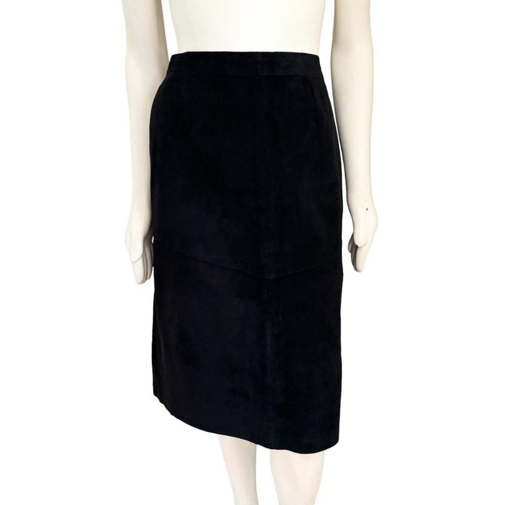 VTG 80s EVAN DAVIES 100% Suede Black Midi Skirt  Pockets SZ 16